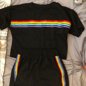 Rainbow shirt with matching rainbow shorts.
